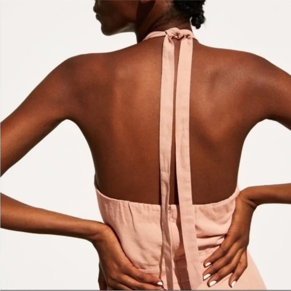 NWT Zara Mauve Viscose Linen Blend Wide Leg Sleeveless Halter Jumpsuit Pockets L - Picture 5 of 12